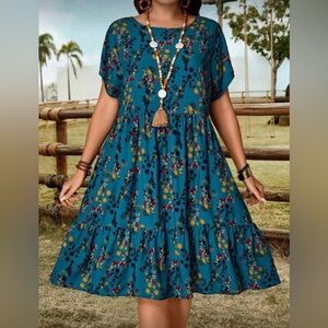 Teal Floral Midi Dress with Short Sleeves